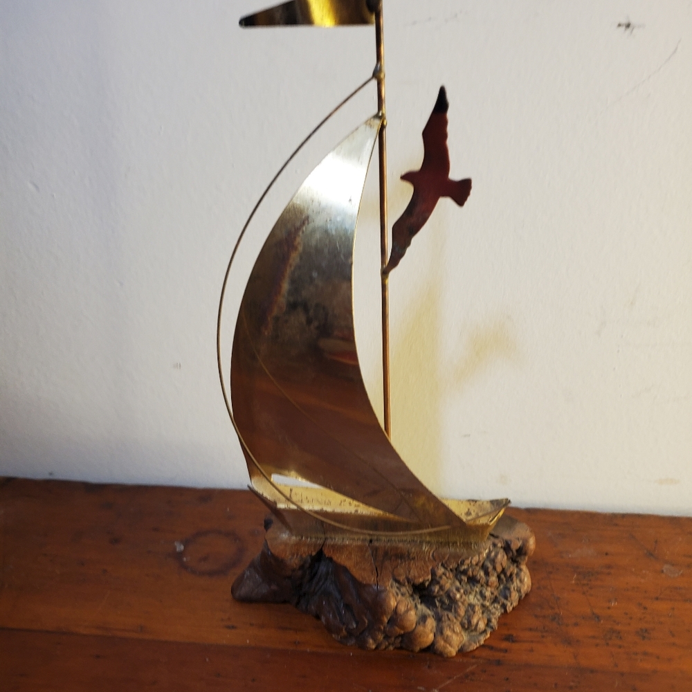 Vintage Brutalist Metal Sailboat Sculpture Burl Wood Mounted Signed Yosi Seagull